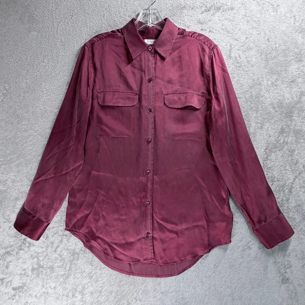 Equipment Femme Shirt Women XS Burgundy Silk Long Sleeve Button Down Pockets